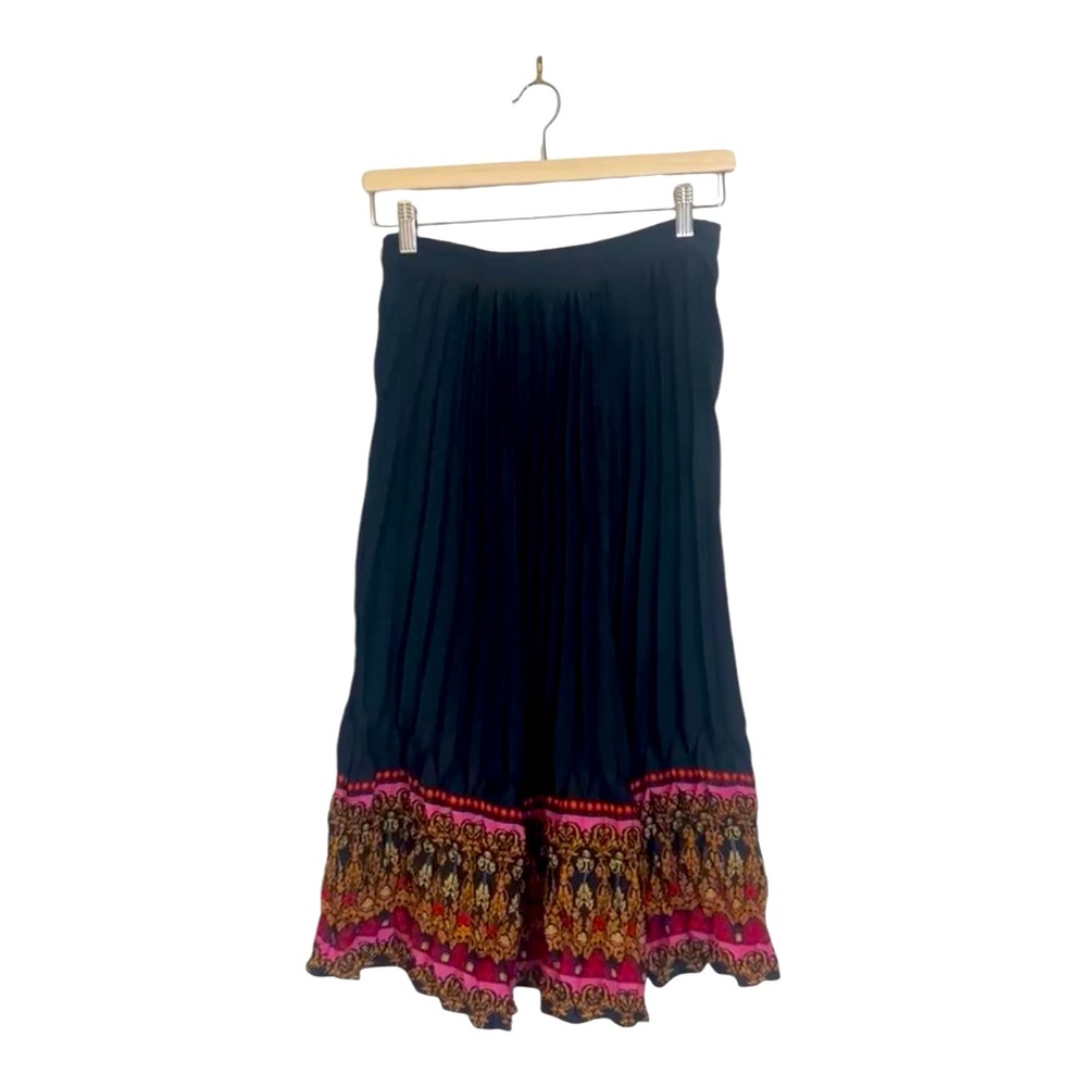 Farm Rio Anthropologie Bohemian Midi Black Pleated Skirt Multicolour Hem Size M